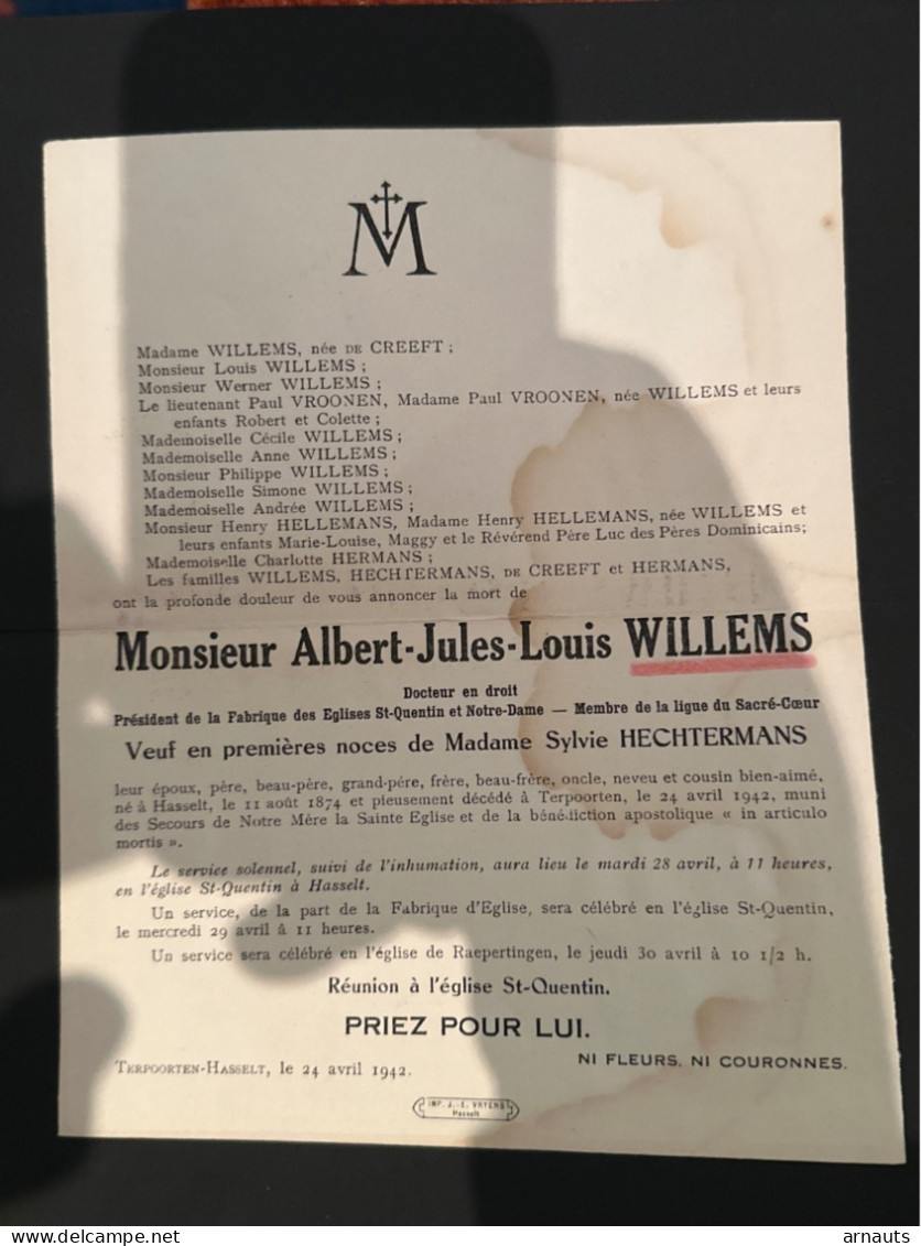 Mr Albert Willems Veuf Hechtermans (2) De Creeft *1874 Hasselt +1942 Terpoorten Vroonen Hellemans Hermans - Obituary Notices