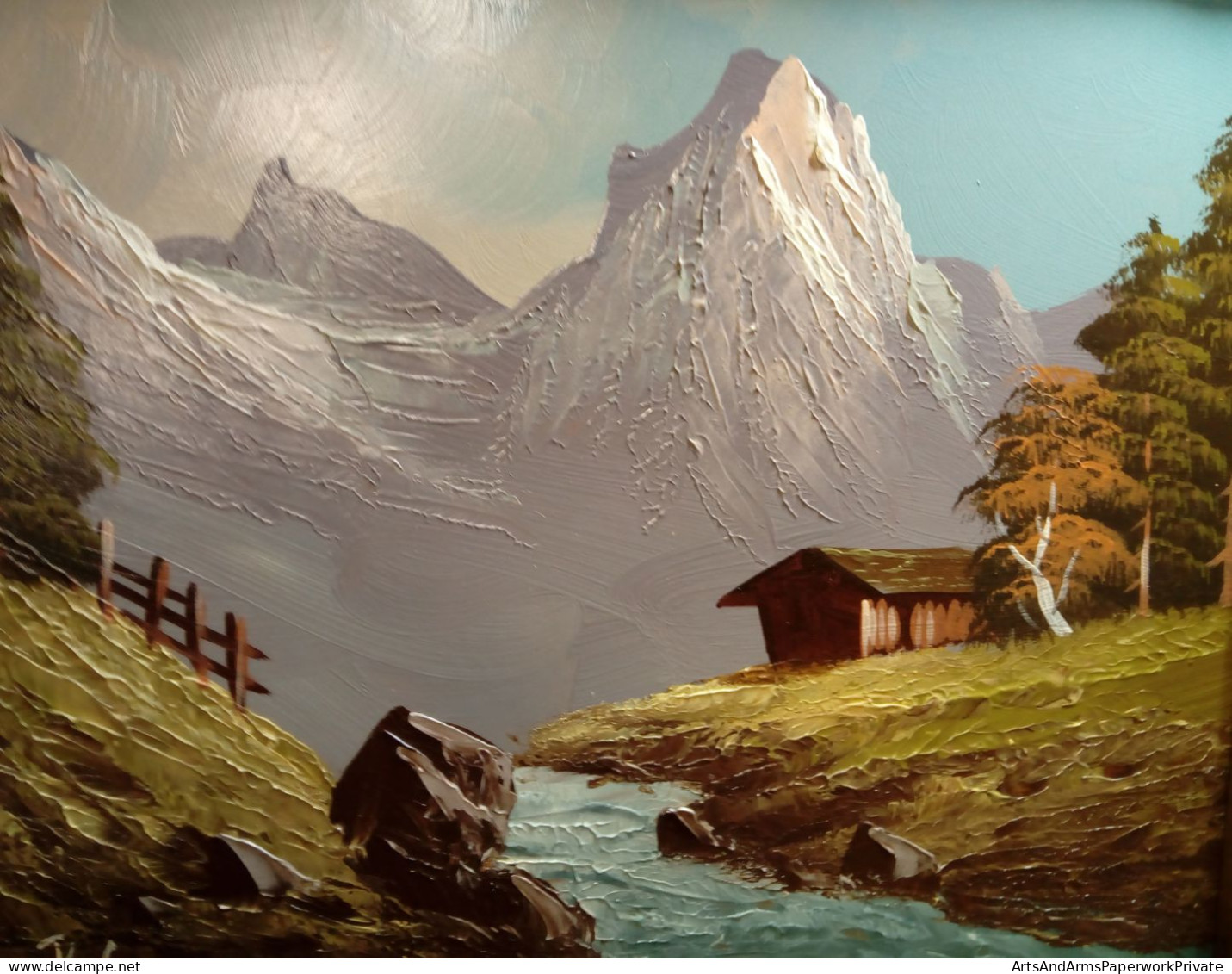 Paysage De Montagne Avec Alpage Et Rivière/ Mountain Landscape With Mountain Pasture And River - Oleo