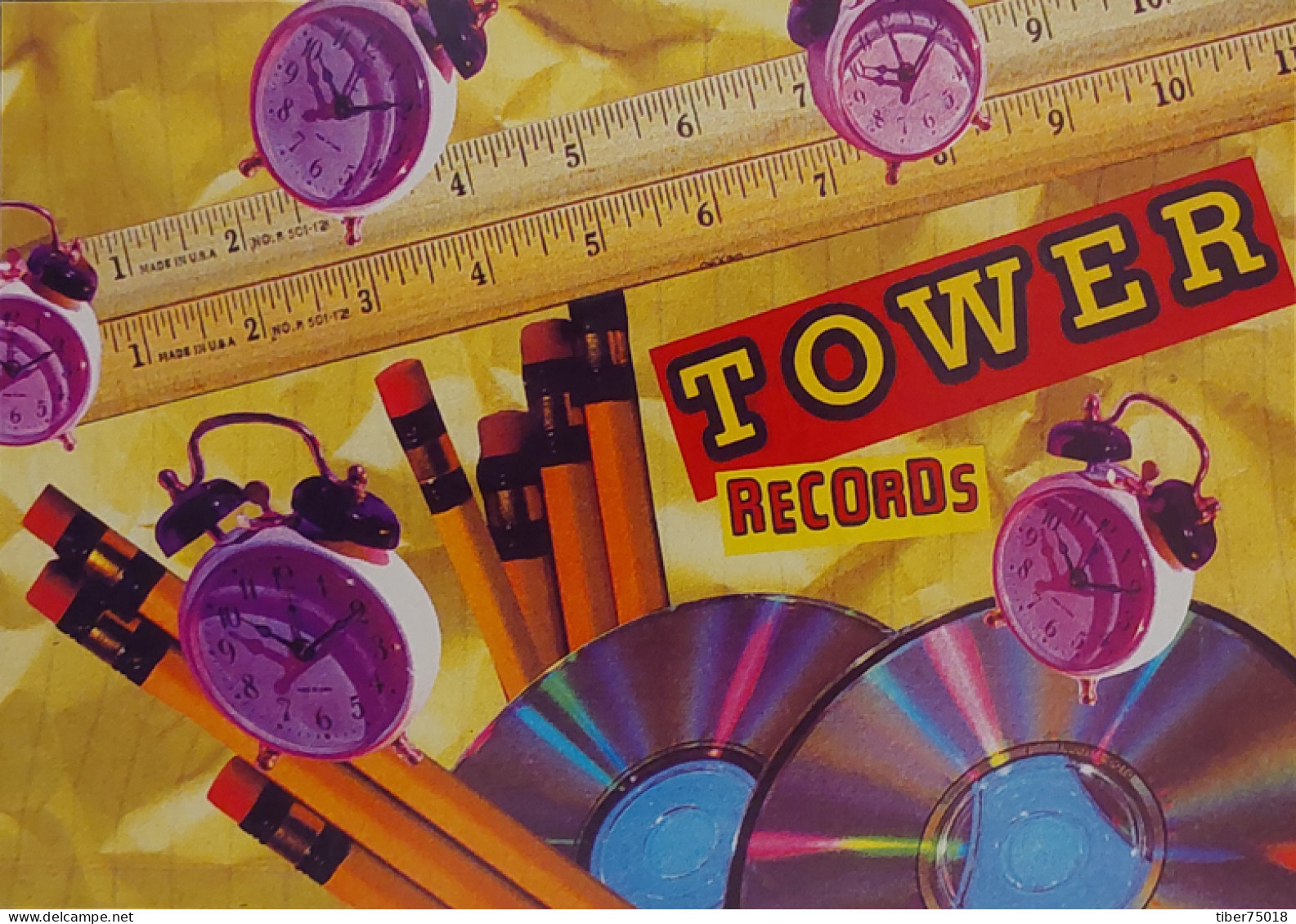 Carte Postale (Tower Records) Illustration : Maria Gregoire (réveils - Crayons - Règle - CD) - Reclame