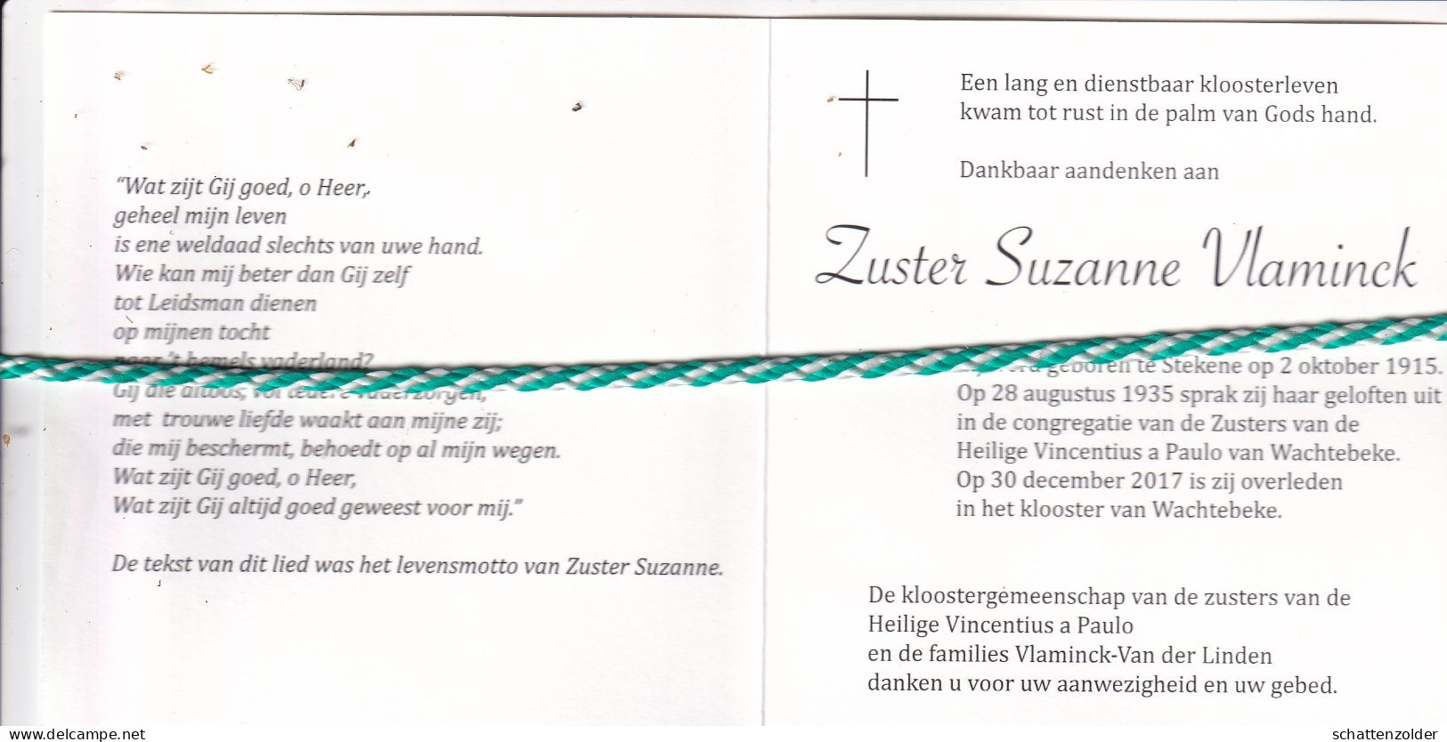Zuster Suzanne Vlaminck, Stekene 1915, Wachtebeke 2017. Honderdjarige. Foto - Décès