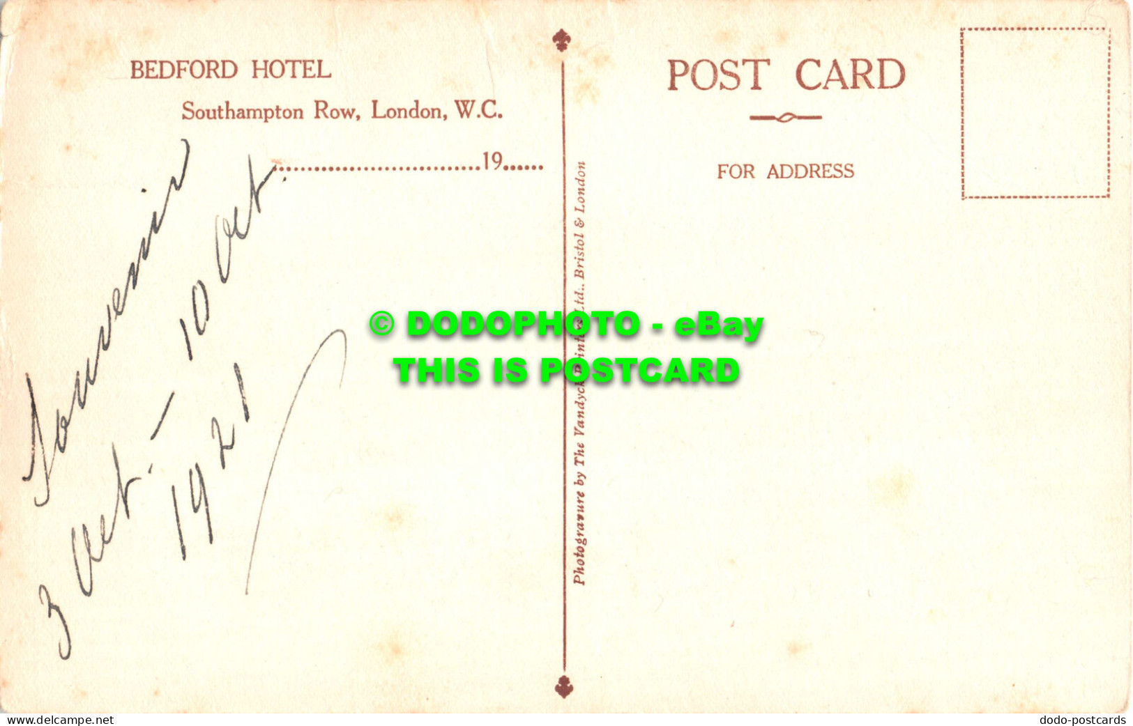 R542108 London. Southampton Row. Bedford Hotel. Vandyck Printers. 1921 - Autres & Non Classés