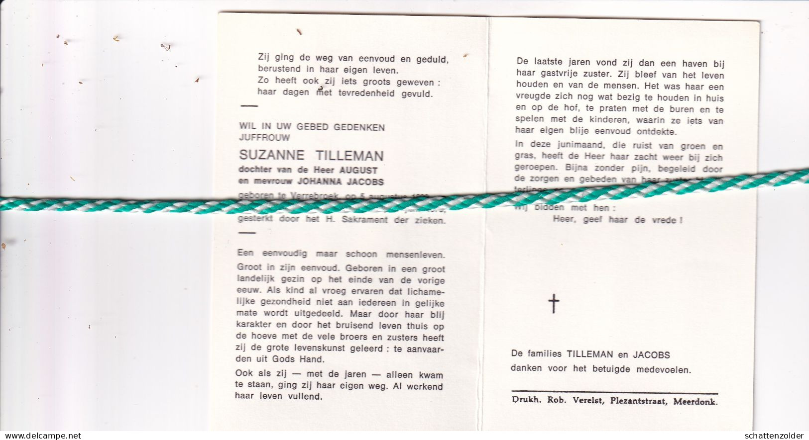 Suzanne Tilleman-Jacobs, Verrebroek 1899, Meerdonk 1973 - Esquela