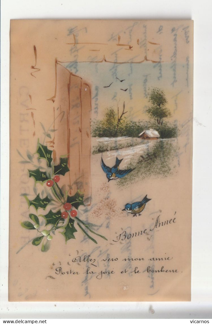 CP CELLULOID PEINTE Oiseaux Paysage Houx - Other & Unclassified