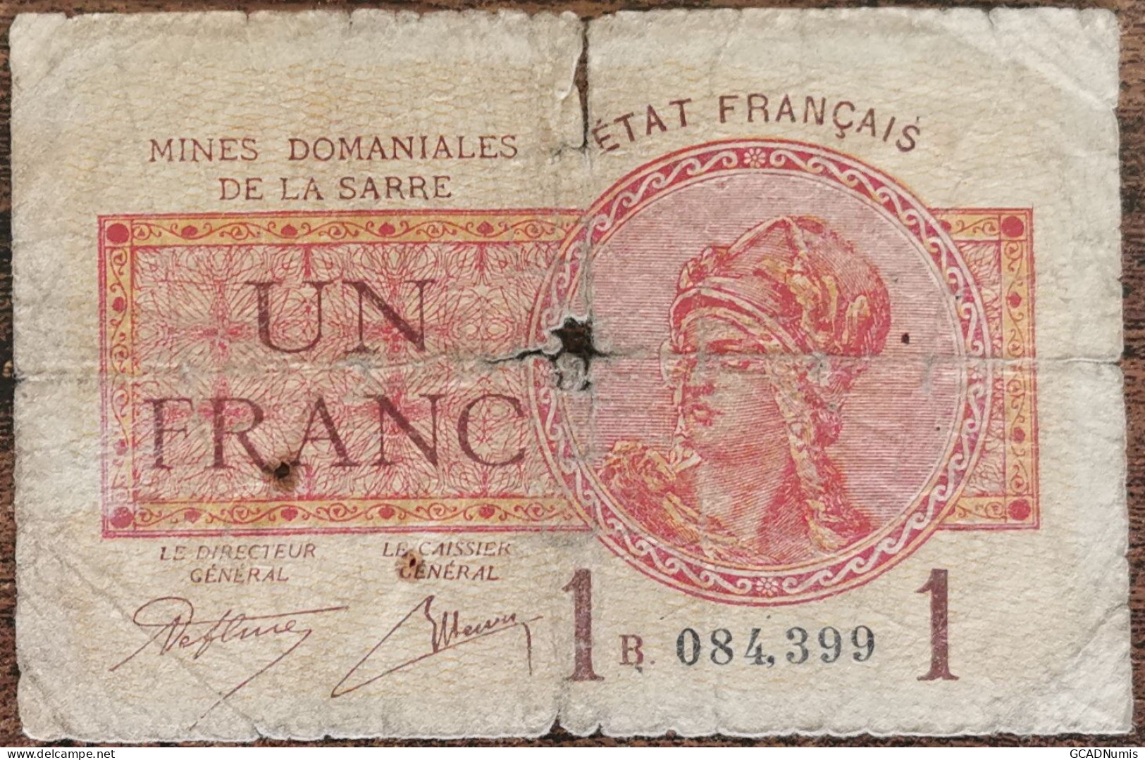 Billet De 1 Franc MINES DOMANIALES DE LA SARRE état Français B 084399  Cf Photos - 1947 Sarre