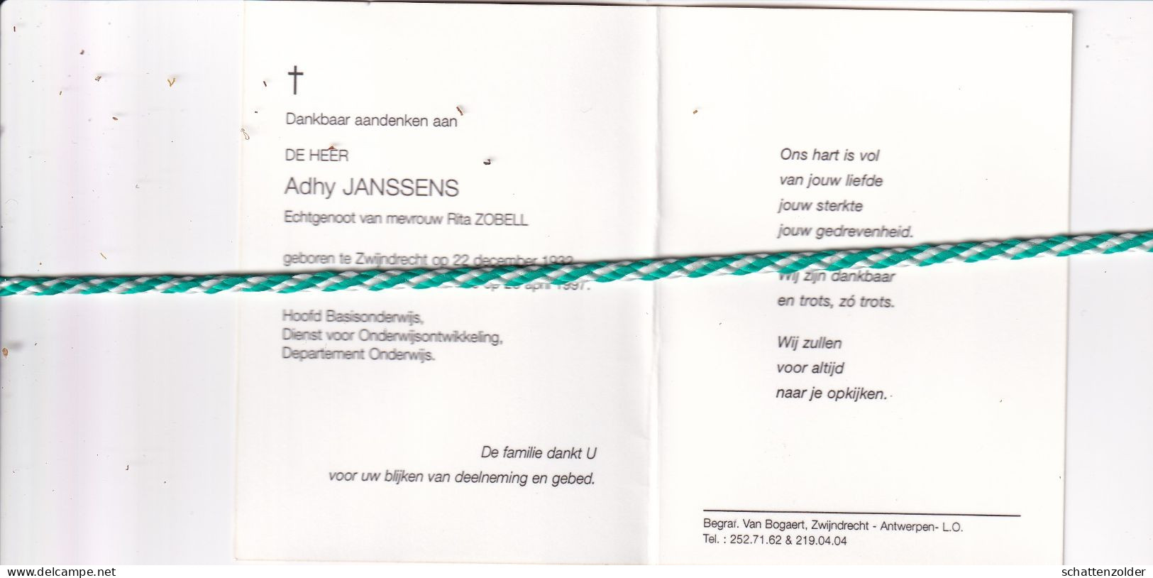 Adhy Janssens-Zobell, Zwijndrecht 1932, Schilde 1997. Foto - Esquela