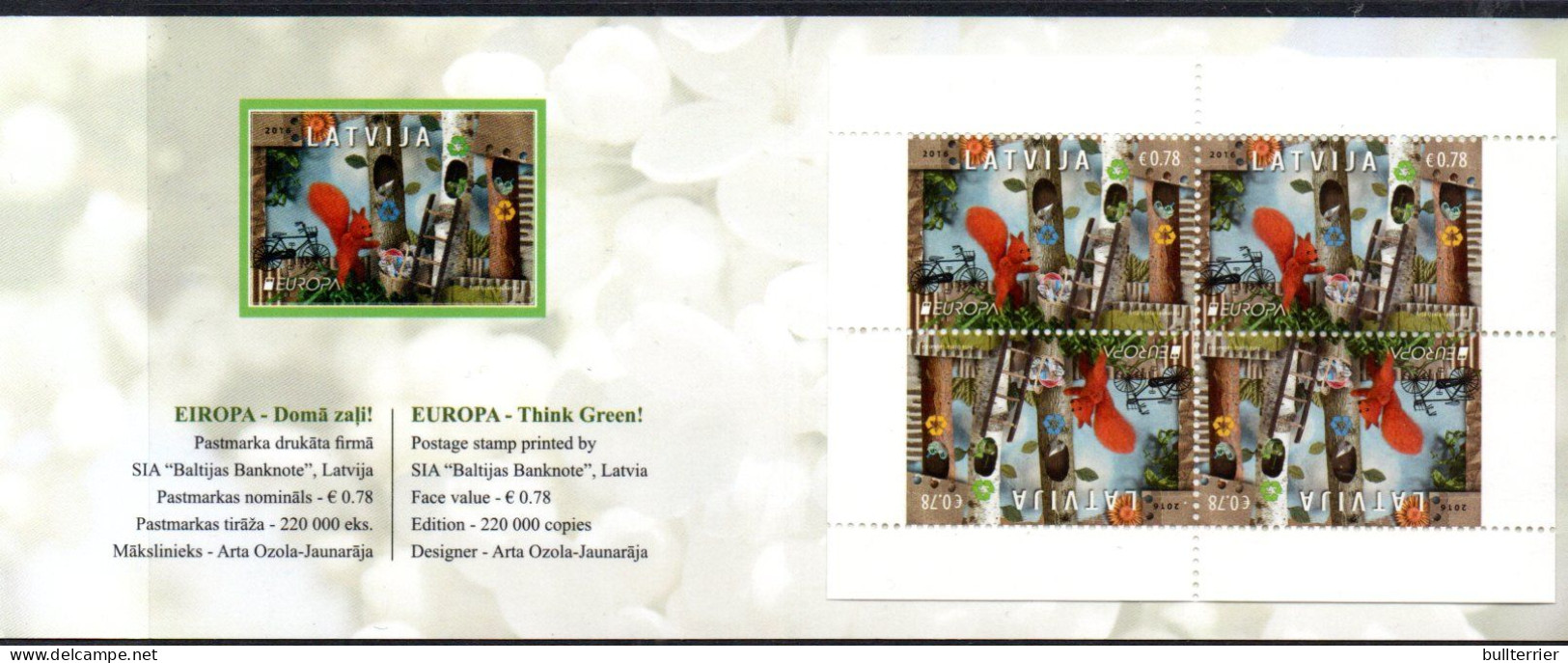 EUROPA - LATVIA - 2016 - Europa / Think Green  Booklet Complete MNH   Sg £25 - 2016