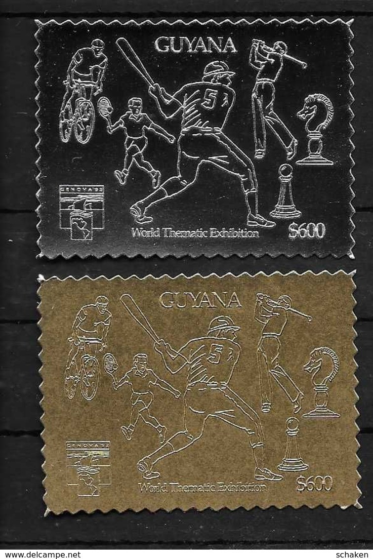 Guyana 1992 Official Silver + Gold Stamp  Golf Cycling Baseball Chess Tennis Genova 1992 Chess Ajedrez Echecs Schach - Autres & Non Classés