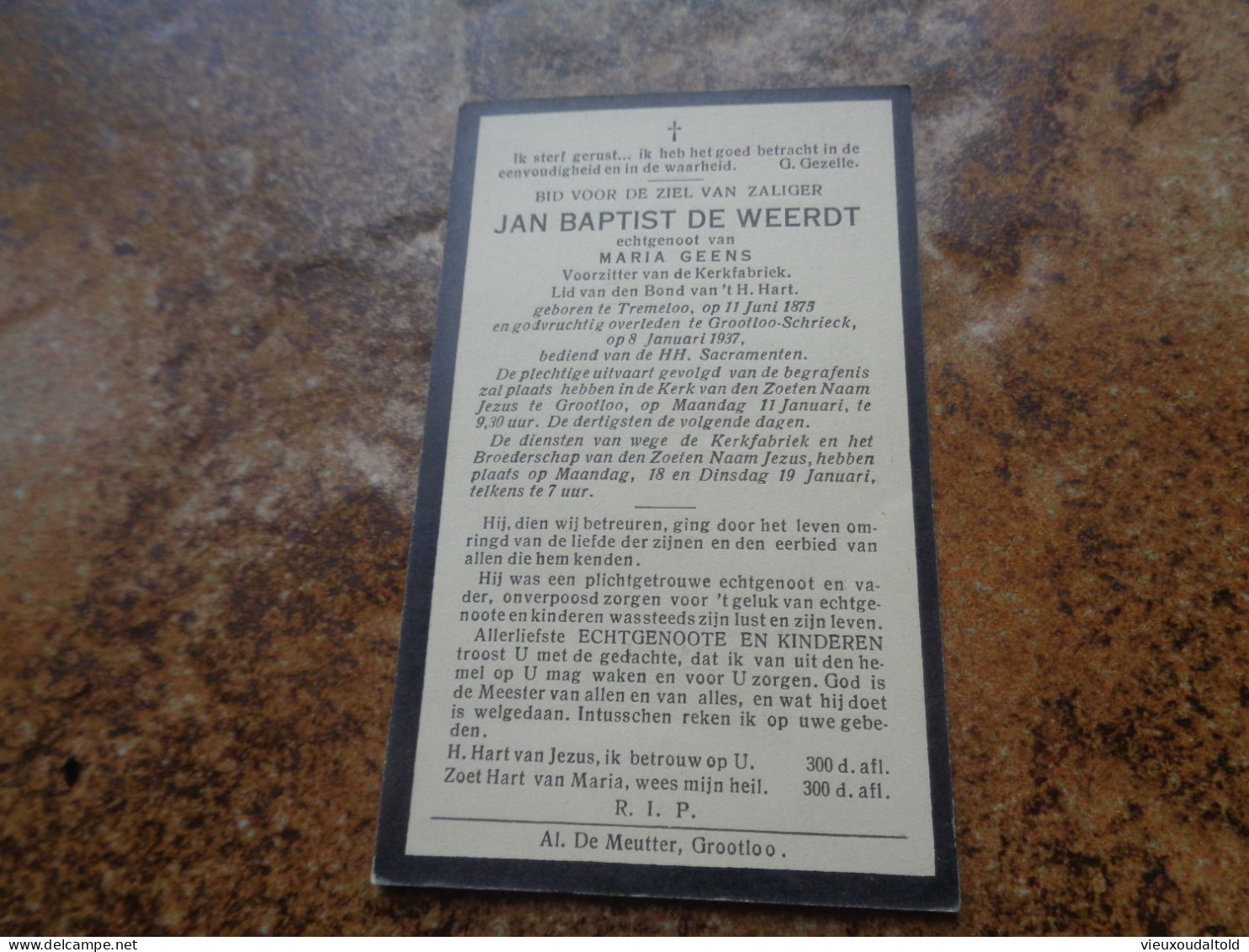 Doodsprentje/Bidprentje  JAN BAPTIST DE WEERDT   Tremeloo 1875-1937 Grootloo-Schrieck  (Echtg Maria GEENS) - Religion & Esotérisme