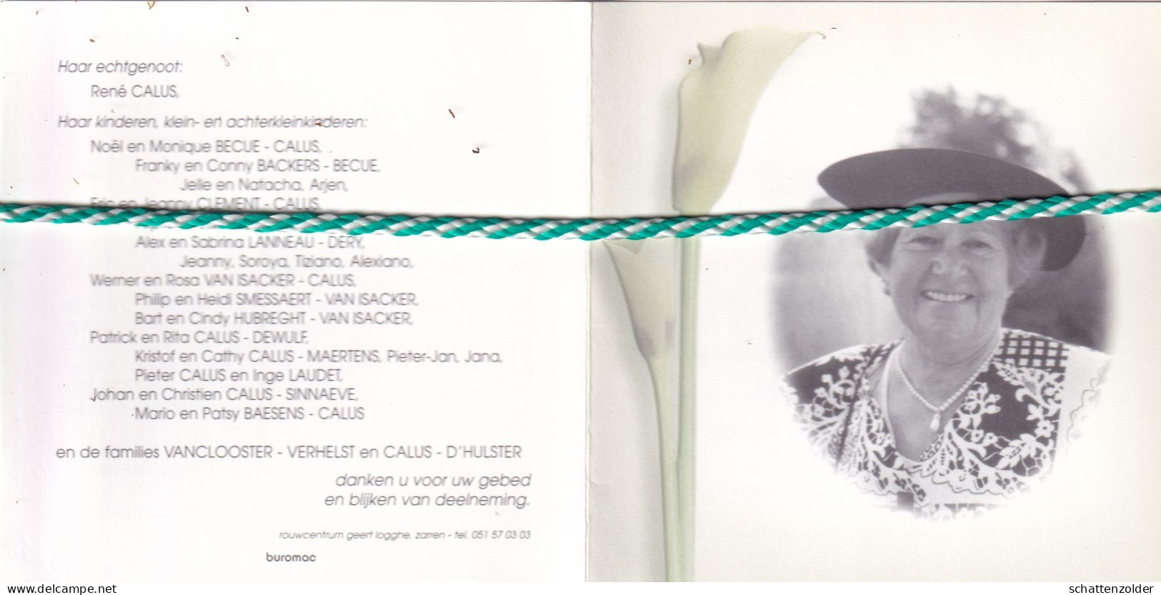 Marie Louise Vanclooster-Calus, Lussac Les Chateaux (Fr) 1919, Kortemark 2005. Foto Dameshoed - Avvisi Di Necrologio