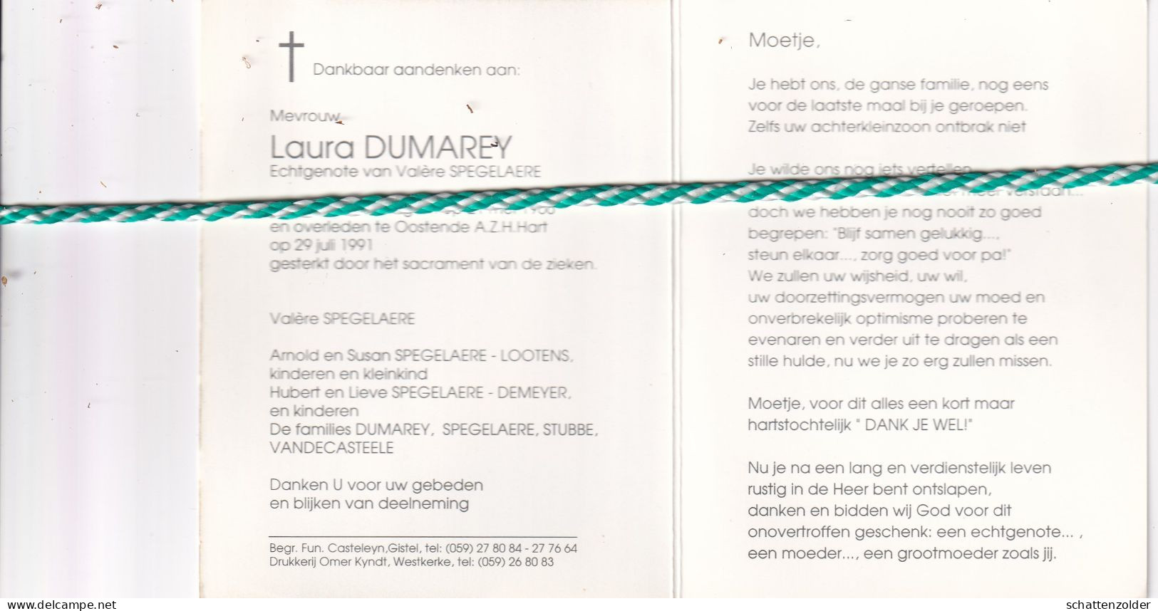 Laura Dumarey-Spegelaere, Zerkegem 1906, Oostende 1991. Foto Dameshoed - Décès