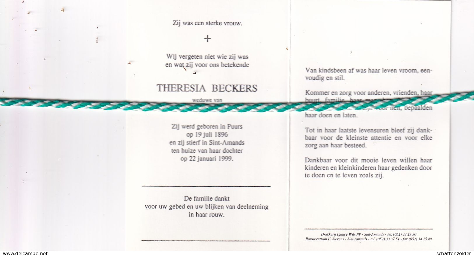 Theresia Beckers-Rosiers, Puurs 1896, Sint-Amands 1999. Honderdjarige. - Obituary Notices