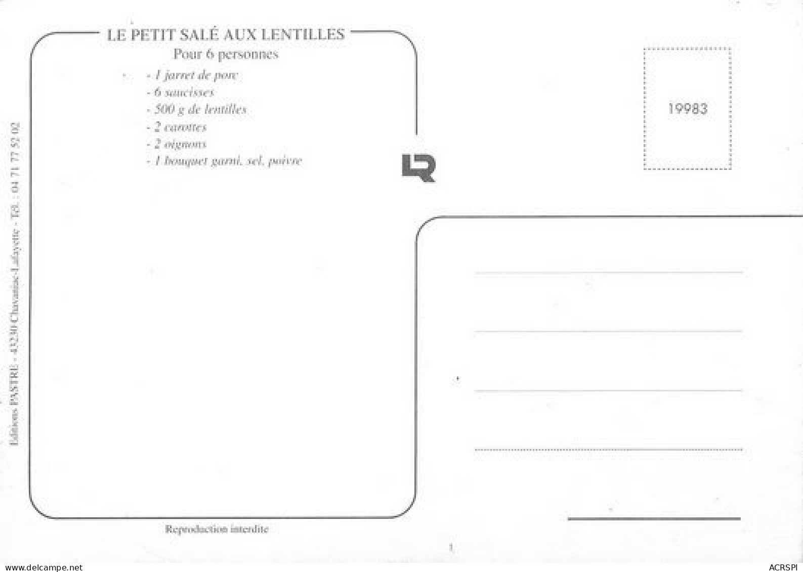 Le Petit Salé Aux Lentilles  Chavaniac-Lafayette  Vergongheon   18   (scan Recto-verso)MA2114Ter - Autres & Non Classés