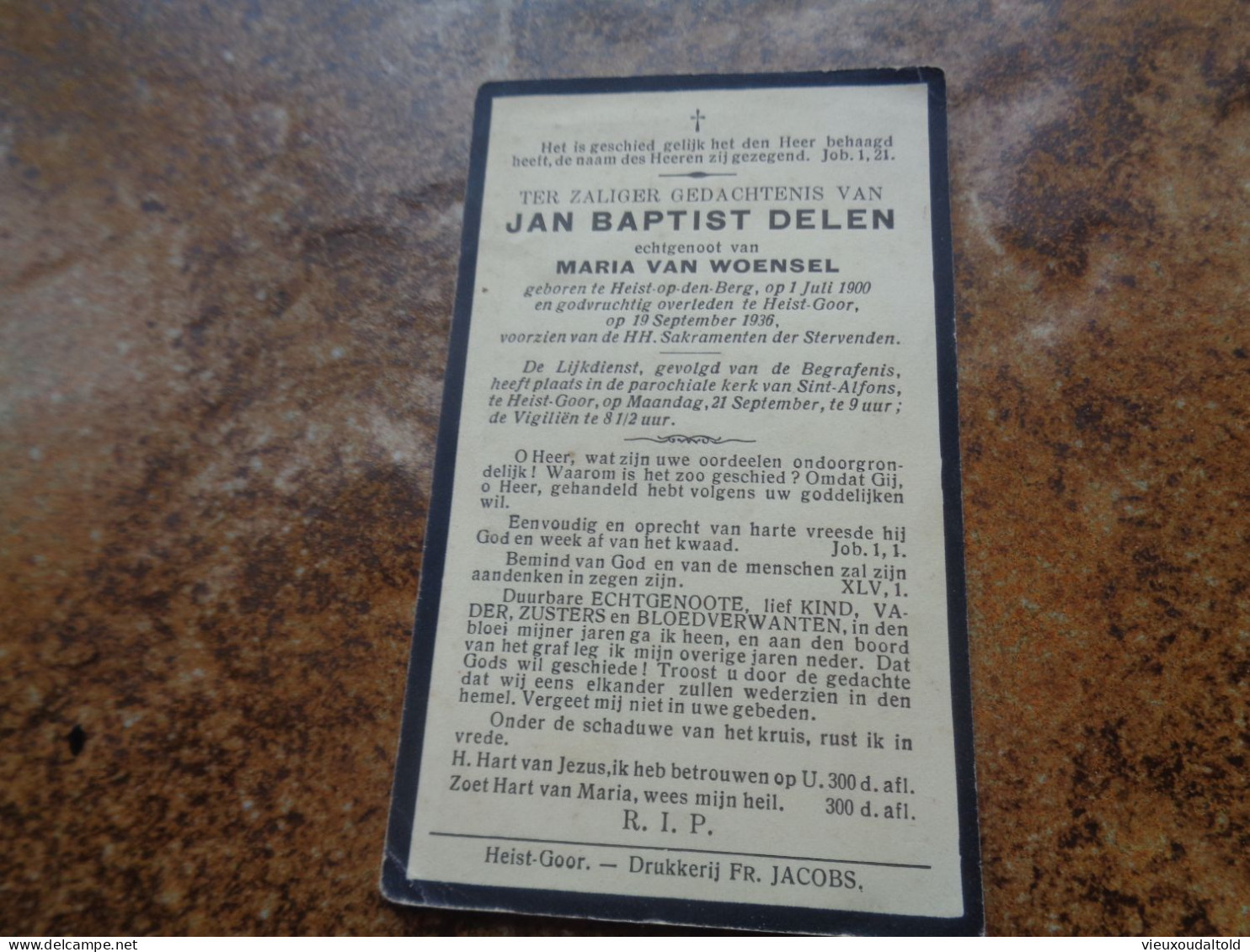 Doodsprentje/Bidprentje  JAN BAPTIST DELEN   Heist O/d Berg 1900-1936 Heist-Goor  (Echtg Maria VAN WOENSEL) - Religion & Esotericism