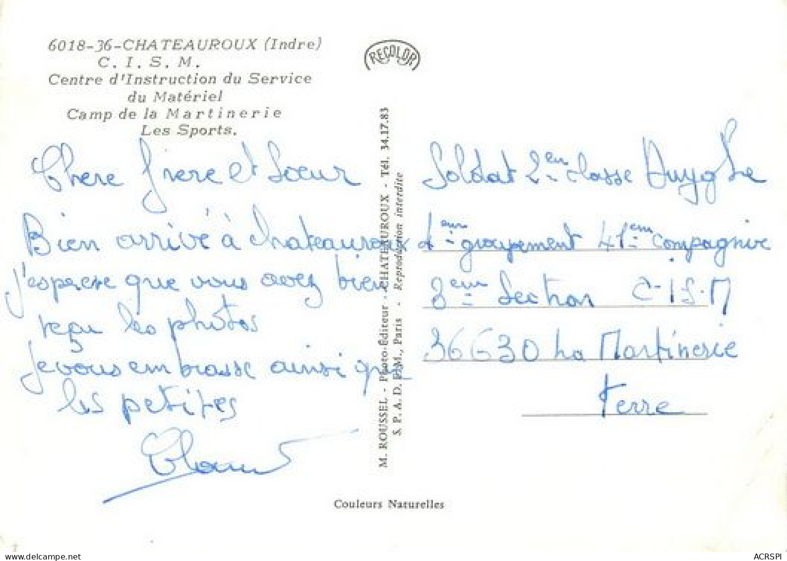 CHATEAUROUX   CISM Centre D'instruction Du Service Du Matériel Camp De La Martinerie  16   (scan Recto-verso)MA2168Bis - Chateauroux