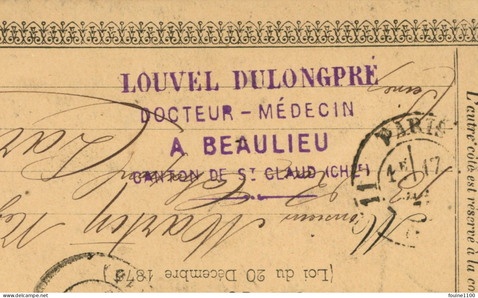 CARTE POSTALE PRECURSEUR Tampon Du Docteur LOUVEL DULONGPRE à BEAULIEU Canton De SAINT CLAUD 16 Charente ( Année 1875 ) - Andere & Zonder Classificatie