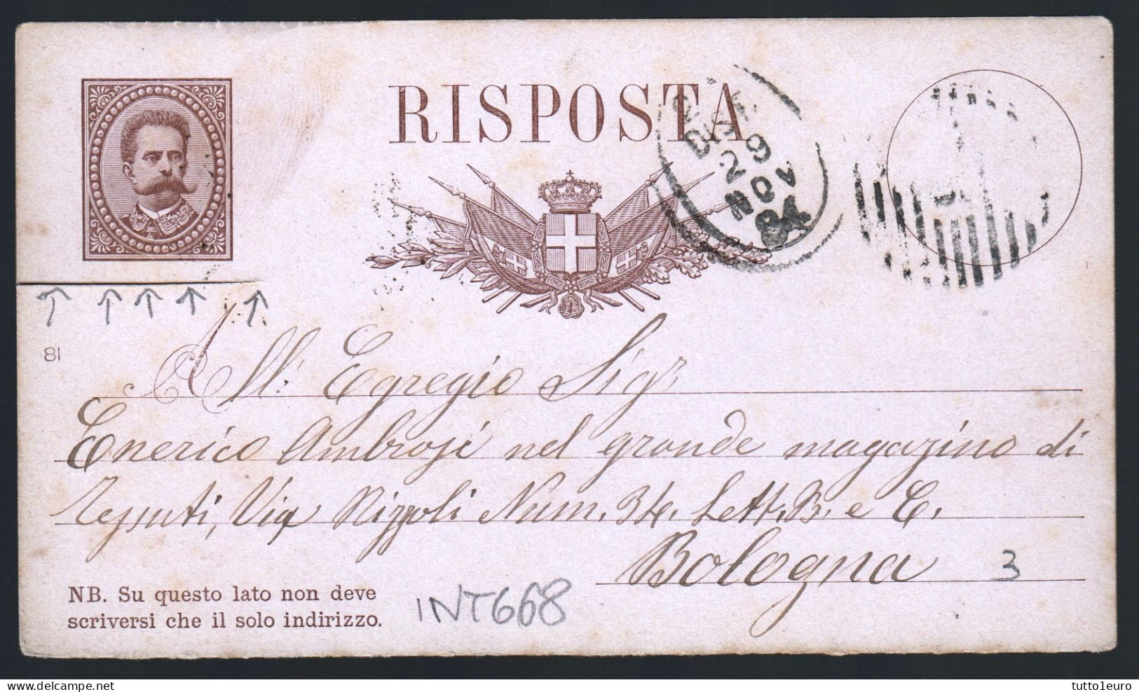 INTERESSANTE CARTOLINA POSTALE SPEDITA DA  PALAGONIA A BOLOGNA NEL 1884(INT666) - Stamped Stationery