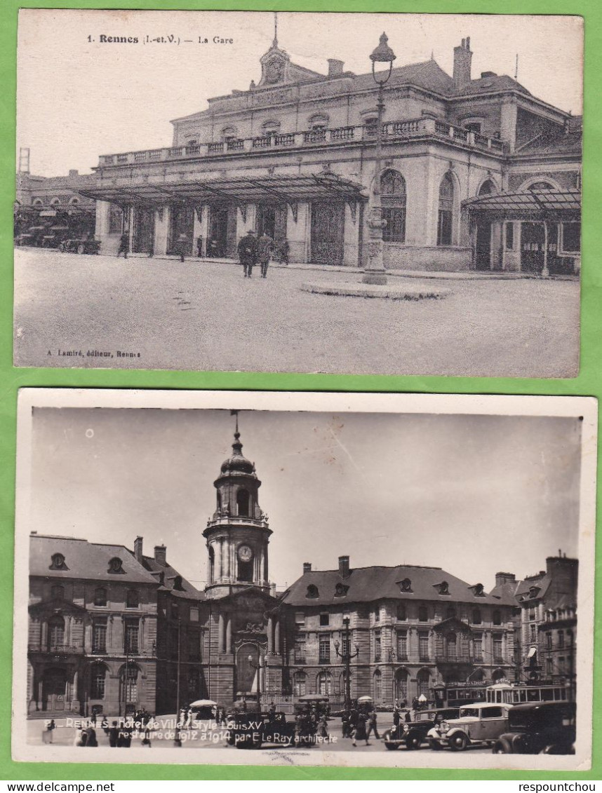 2 CPA RENNES La Gare + Hotel De Ville Animé 35 Ille Et Vilaine - Rennes