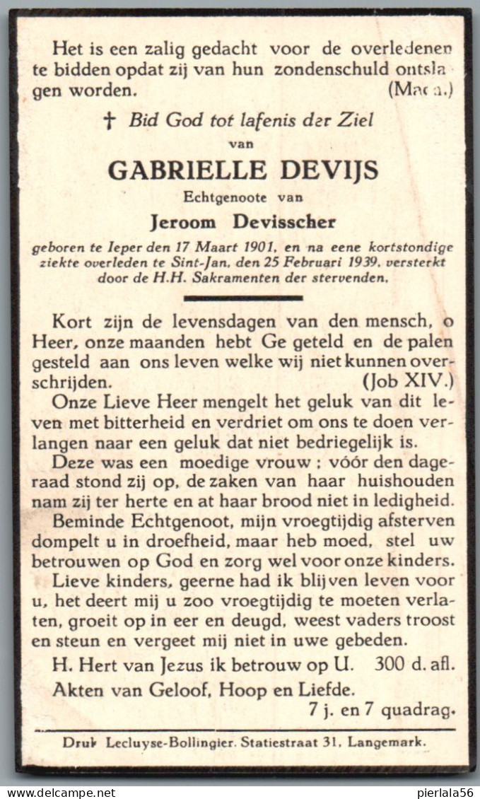 Bidprentje Ieper - Devijs Gabrielle (1901-1939) - Images Religieuses