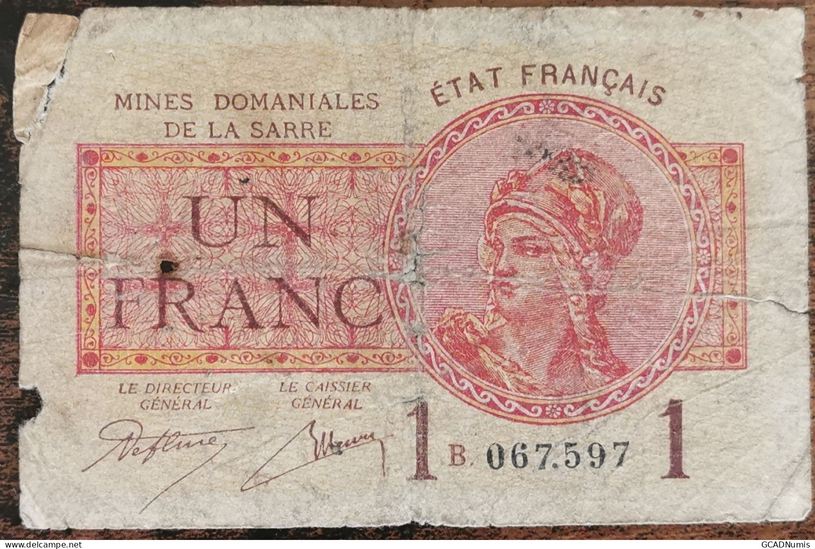 Billet De 1 Franc MINES DOMANIALES DE LA SARRE état Français B 067597  Cf Photos - 1947 Sarre