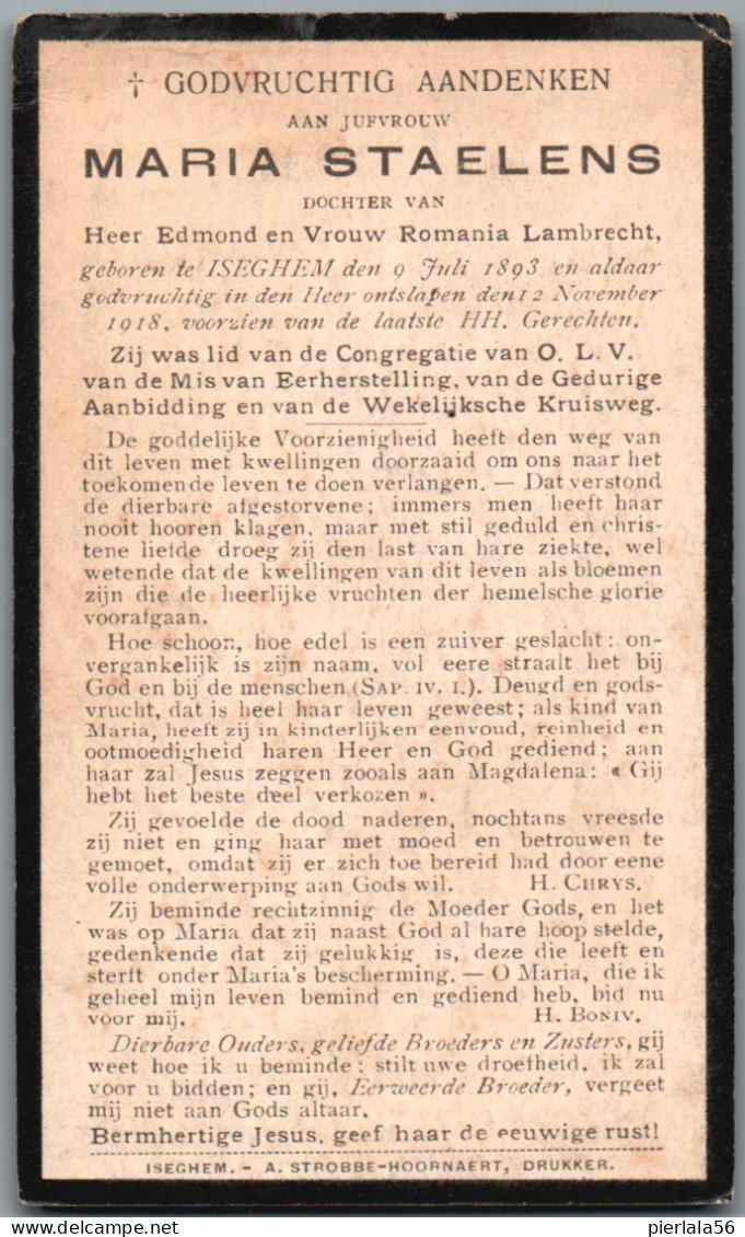 Bidprentje Izegem - Staelens Maria (1893-1918) - Andachtsbilder