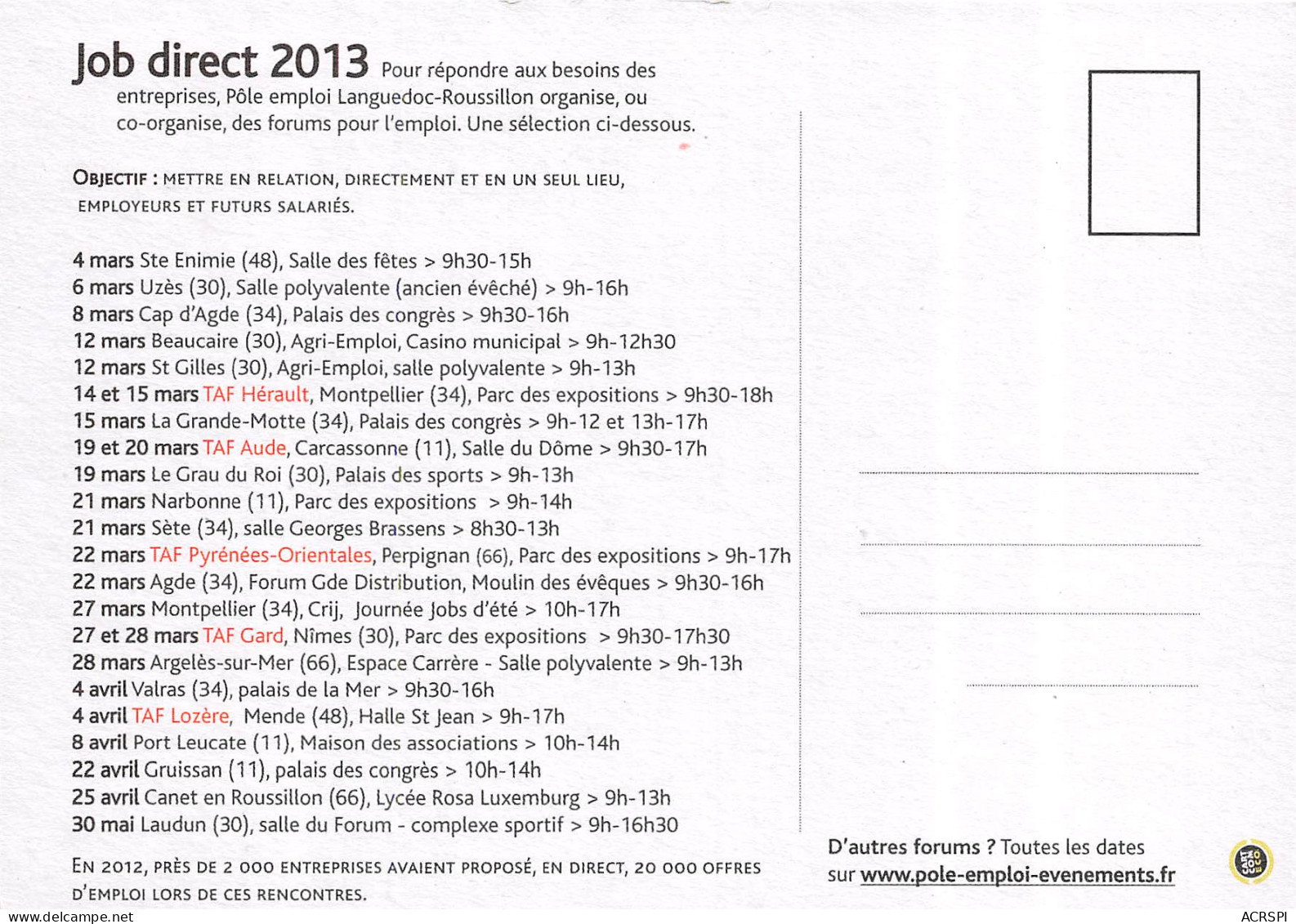 LANGUEDOC ROUSSILLON JOB DIRECT 2013 9(scan Recto-verso) MB2310 - Reclame
