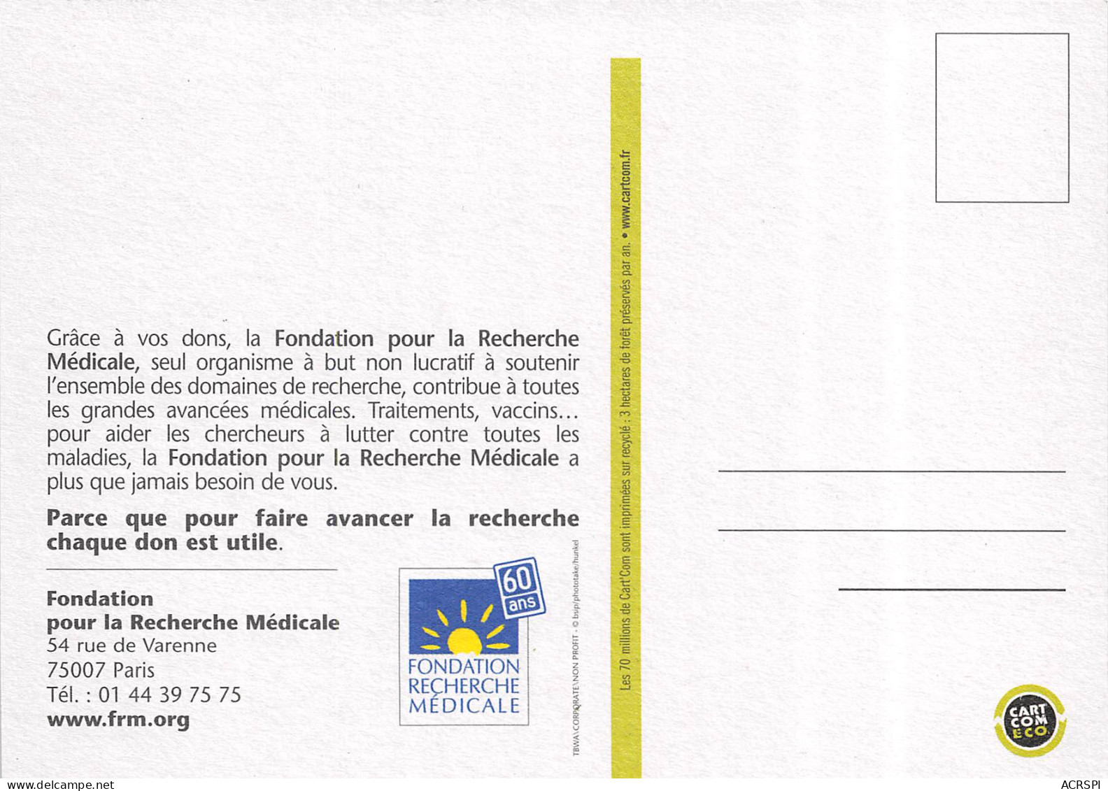 PARIS Fondation Pour La Recherche Medicale 25(scan Recto-verso) MB2310 - Publicité