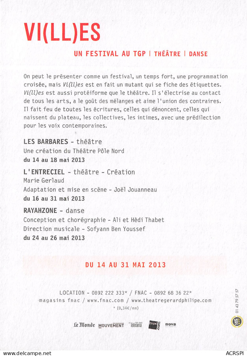 VILLES Un Festivales Au TGP Saint Denis 18(scan Recto-verso) MB2312 - Werbepostkarten