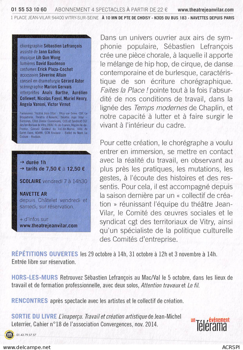 FAITES LA PLACE Theatre Jean Vilar VITRY SUR SEINE 21(scan Recto-verso) MB2314 - Werbepostkarten