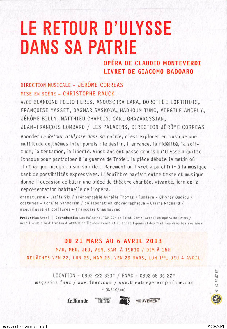 LE RETOUR D ULYSSE Dans Sa Patrie OPERA De Claudio Monteverdi 23(scan Recto-verso) MB2314 - Advertising