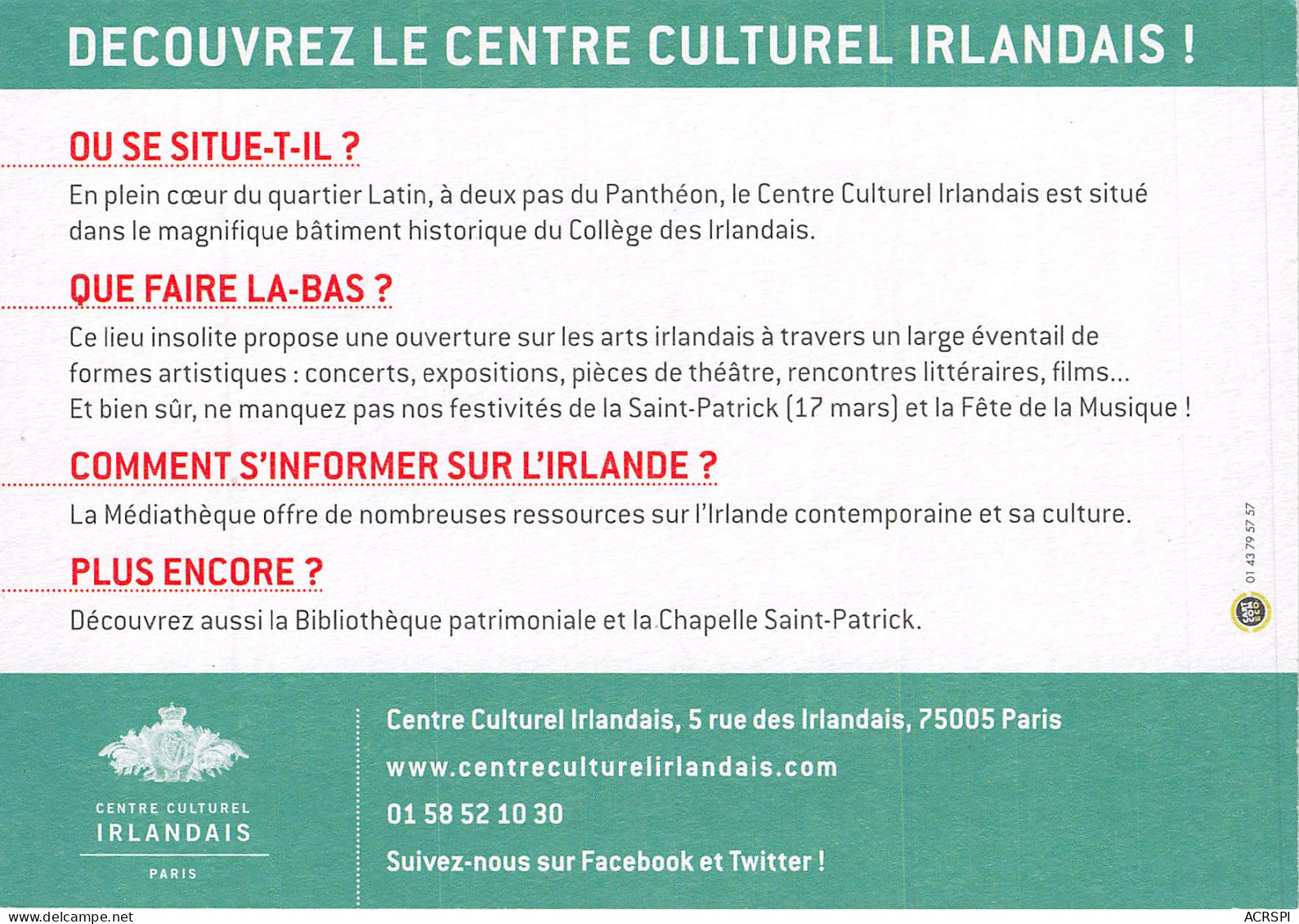 CENTRE CULTUREL IRLANDAIS 28(scan Recto-verso) MB2314 - Werbepostkarten