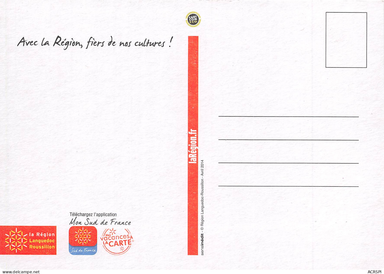 LANGUEDOC ROUSSILLON Avec La Region Fiers De Nos Cultures Total Festum 2014 3(scan Recto-verso) MB2315 - Werbepostkarten