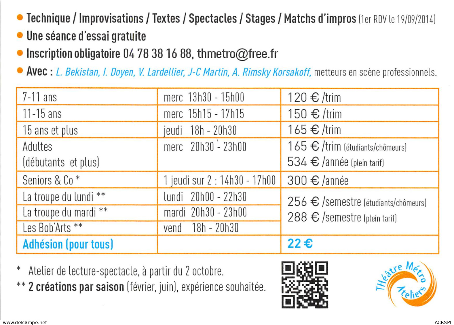 ATELIERS DE THEATRE THEATRE METRO ATELIERS 2(scan Recto-verso) MB2315 - Advertising