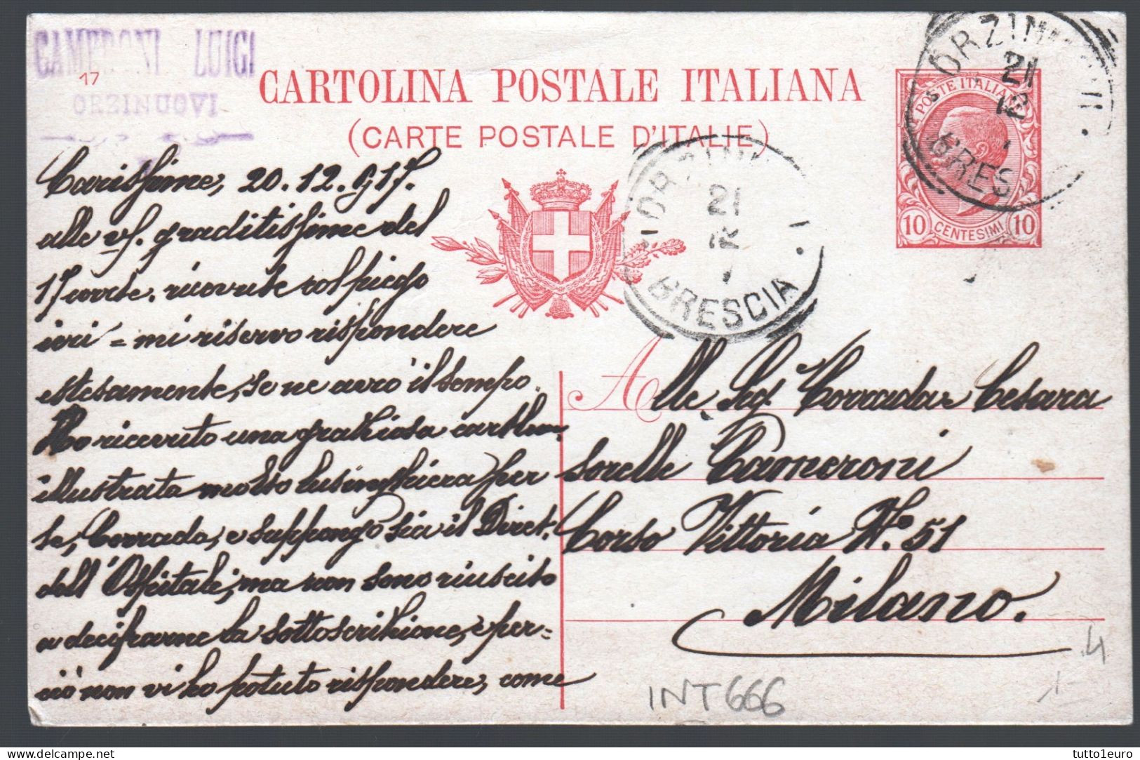 CARTOLINA COMMERCIALE SPEDITA DA  ORZINUOVI A MILANO NEL 1917 - TIMBRO CAMERONI LUIGI (INT668) - Ganzsachen