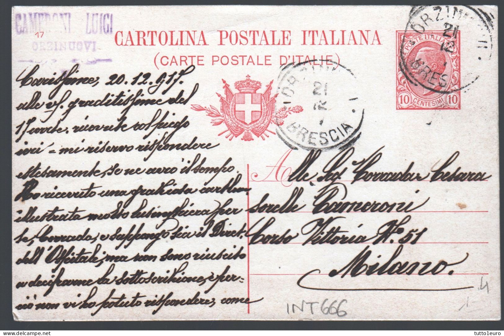 CARTOLINA COMMERCIALE SPEDITA DA  ORZINUOVI A MILANO NEL 1917 - TIMBRO CAMERONI LUIGI (INT668) - Stamped Stationery