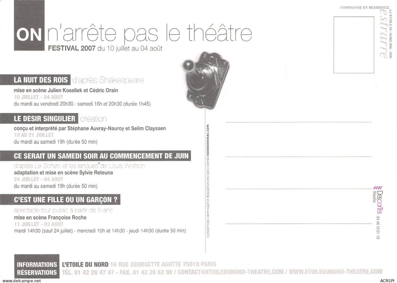On Arrete Pas Le Theatre Festival 2007 PARIS L Etoile Du Nord 9(scan Recto-verso) MB2318 - Reclame