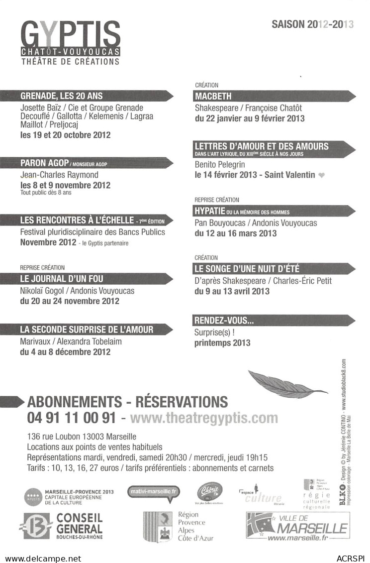 GYPTIS CHATOT VOUYOUCAS Theatre Creation Saison 2012 2013 3(scan Recto-verso) MB2319 - Advertising