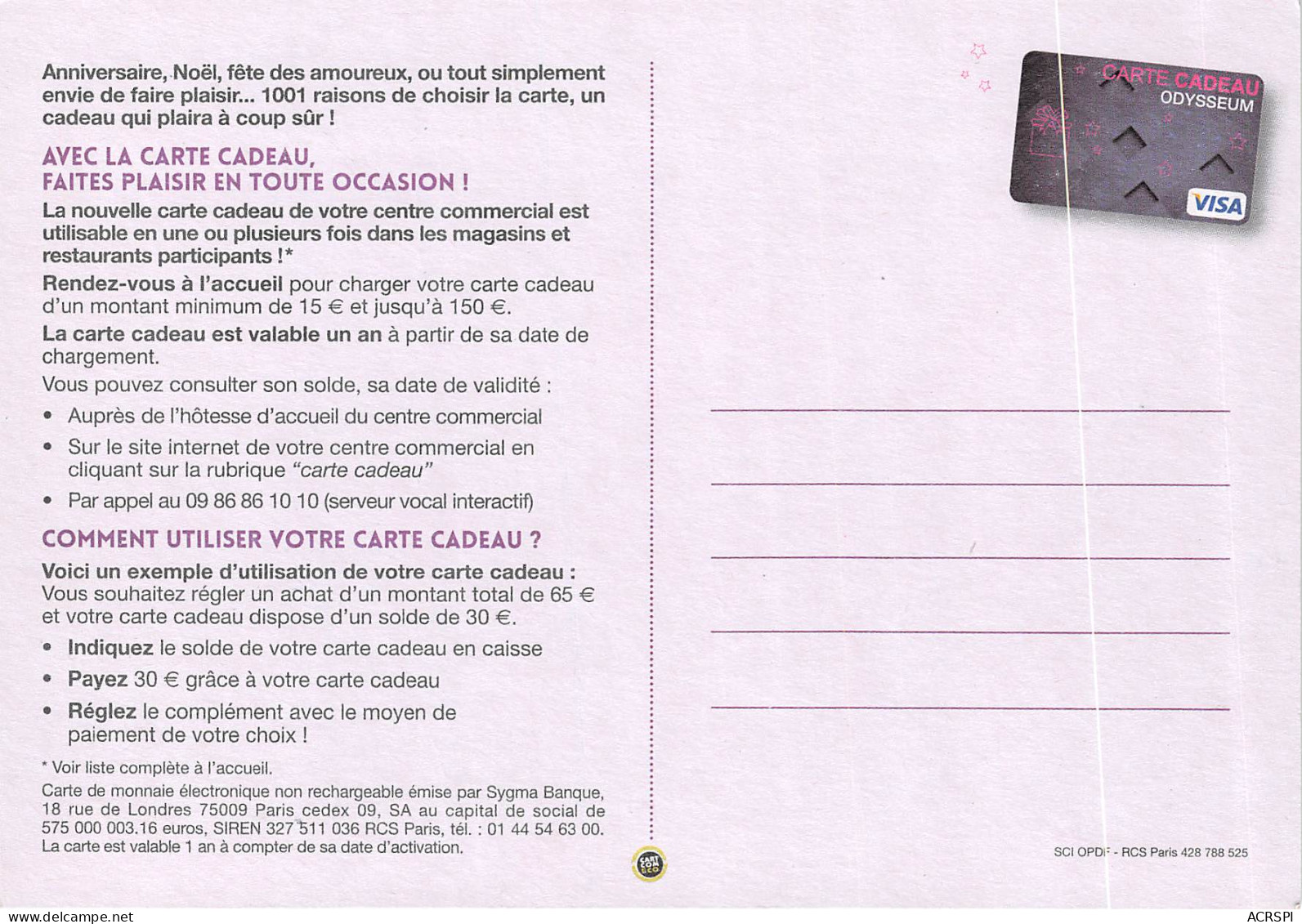 ODYSSEUM Centre Commercial Carte Cadeau 22(scan Recto-verso) MB2319 - Werbepostkarten