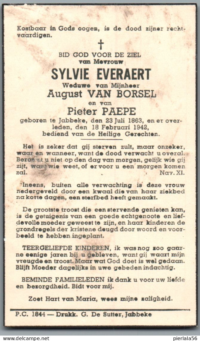 Bidprentje Jabbeke - Everaert Sylvie (1863-1942) - Andachtsbilder