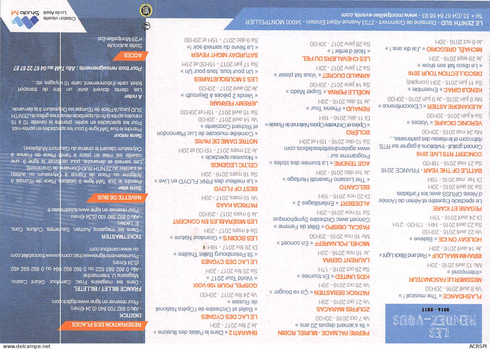 ZENITH SUD Les Rendez Vous 2016 2017 Montpellier Events 28(scan Recto-verso) MB2319 - Reclame