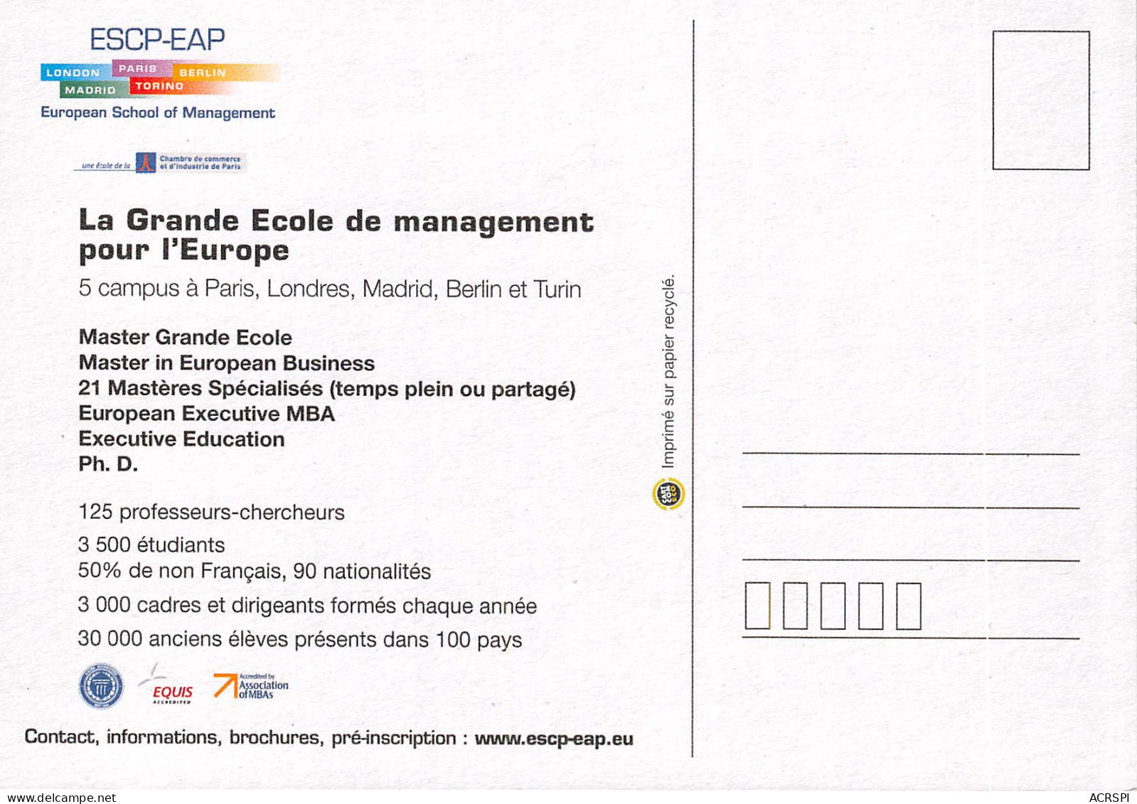 ESCP EAP Ecole De Management Pour L Europe, PARIS 5(scan Recto-verso) MB2322 - Reclame