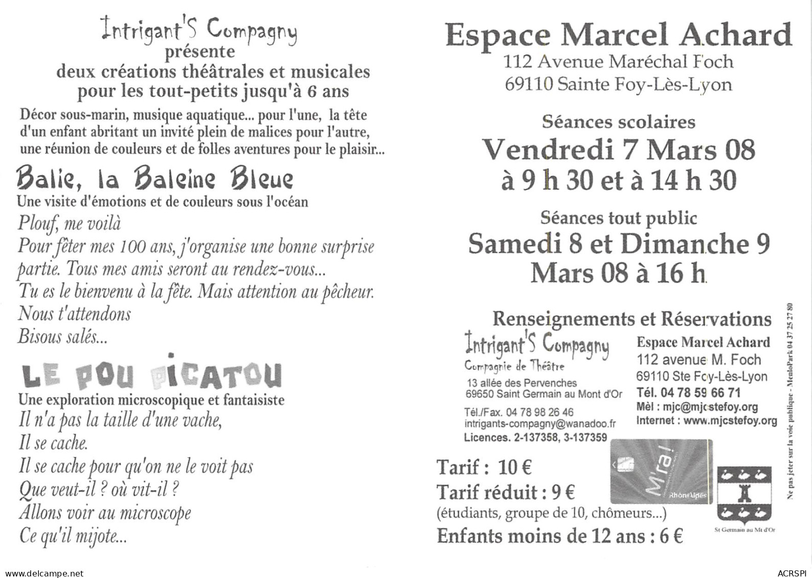 ESPACE MARCEL ACHARD Balie La Baleine Bleue STE FOY LES LYON 6(scan Recto-verso) MB2322 - Advertising