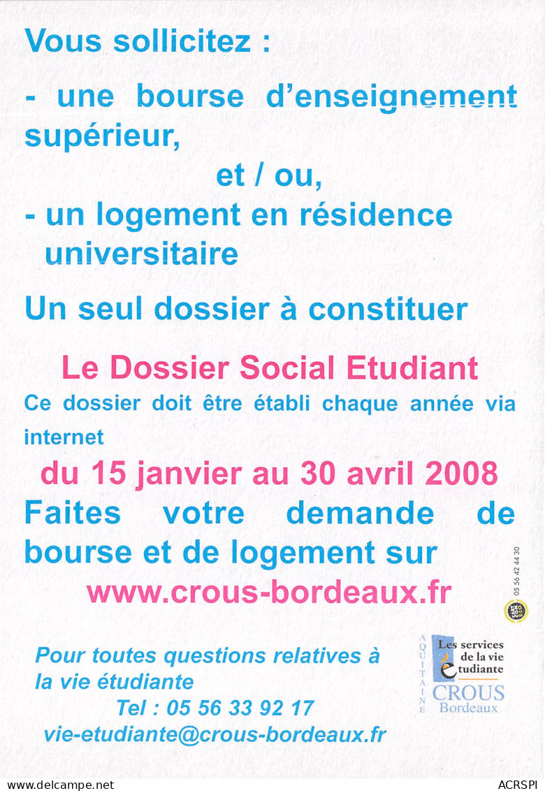 CNOUS CROUS BOUGEZ VOUS Bourse Et Logement CROUS BORDEAUX 11(scan Recto-verso) MB2322 - Advertising