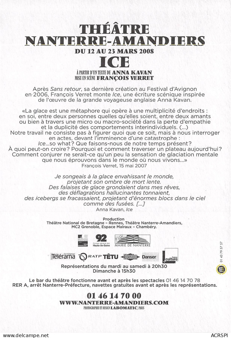 THEATRE NANTERRE AMANDIERS ICE 16(scan Recto-verso) MB2322 - Advertising