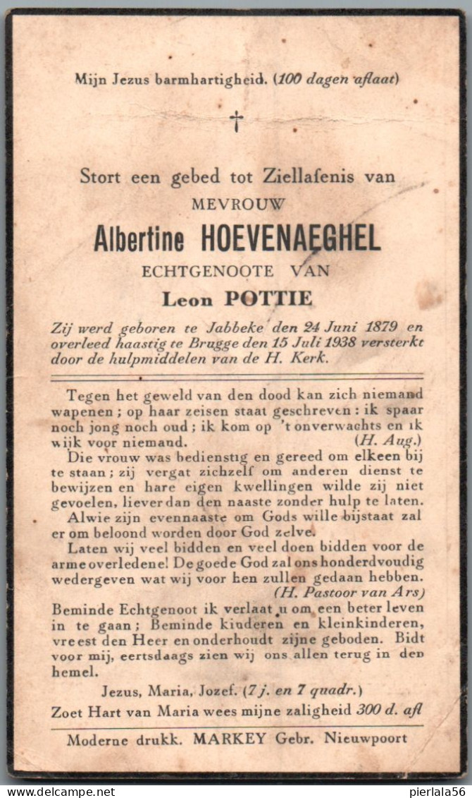 Bidprentje Jabbeke - Hoevenaeghel Albertine (1879-1938) Plooi - Andachtsbilder