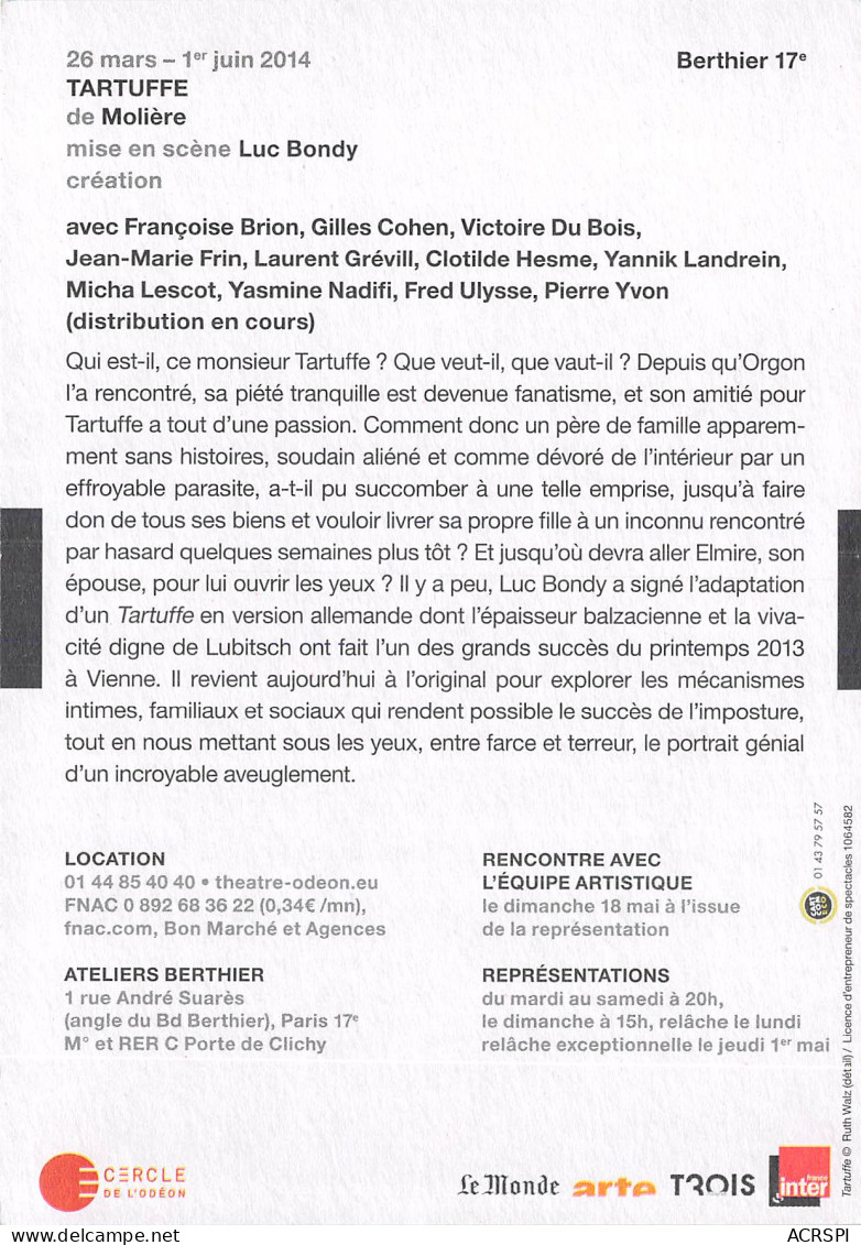 ODEON Theatre De L Europe Tartuffe Moliere Luc Bondy 28(scan Recto-verso) MB2322 - Werbepostkarten