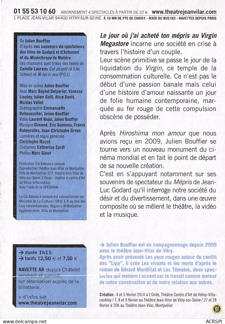 JULIEN BOUFFIER VIRGIN MEGASTORE LE JOUR OU Vitry Sur Seine 2(scan Recto-verso) MB2323 - Reclame