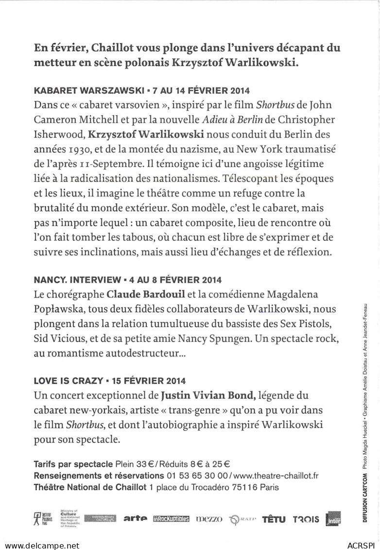 KRZYSZTOF WARLIKOWSKI KABARET WARSZAWSKI Theatre National Du Chaillot 12(scan Recto-verso) MB2323 - Publicité