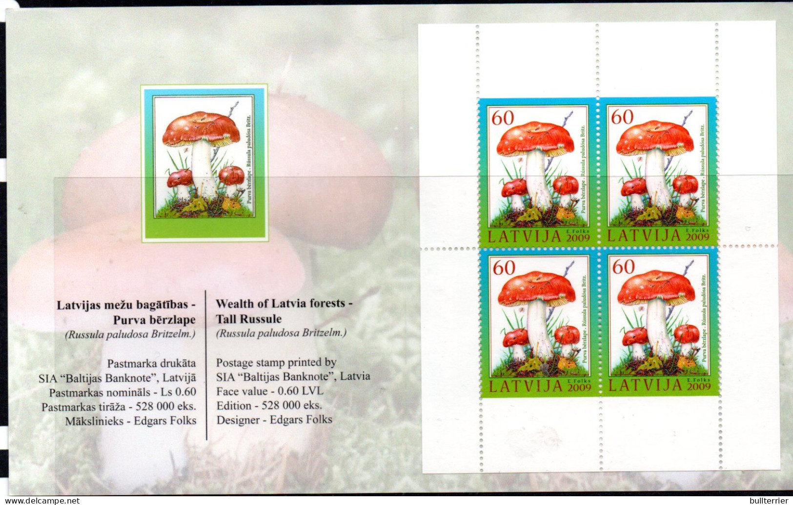 FUNGI  - LATVIA - 2009- Fungi Booklet Complete MNH   Sg £19 - Champignons