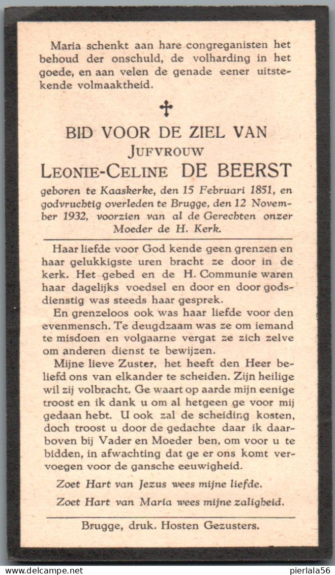 Bidprentje Kaaskerke - De Beerst Leonie Celine (1851-1932) - Images Religieuses