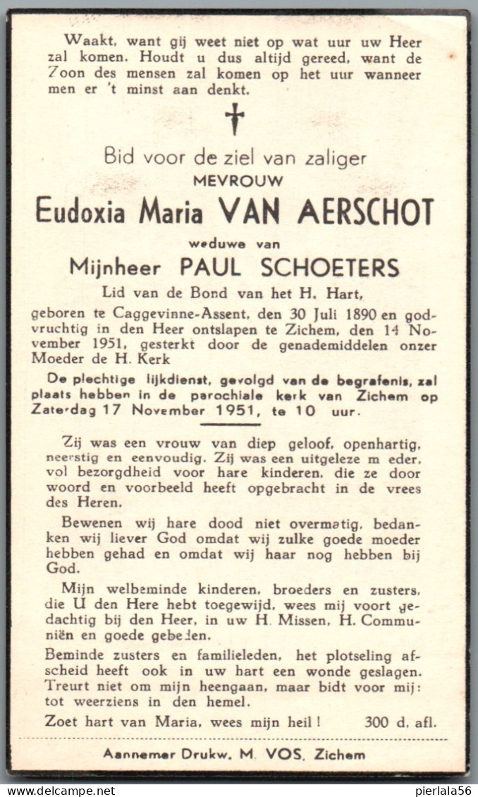 Bidprentje Kaggevinne-Assent - Van Aerschot Eudoxia Maria (1890-1951) - Images Religieuses